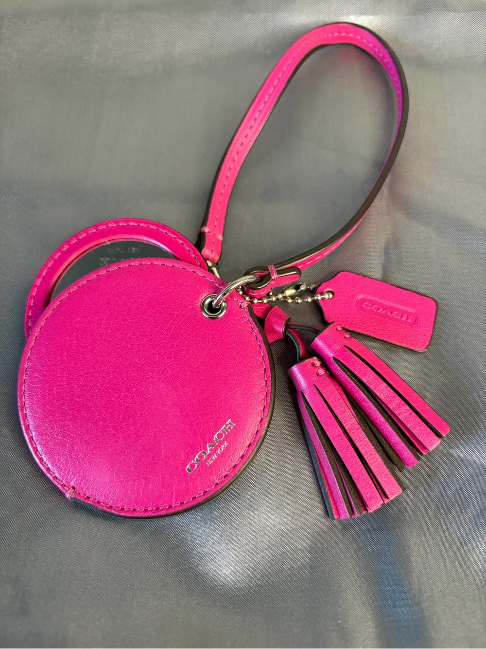 Coach Fuchsia Pink Leather Compact Mirror Tassel Bag Charm